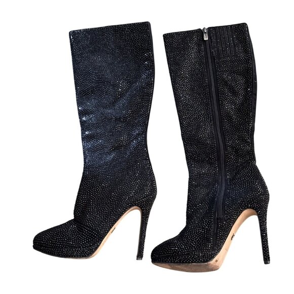 VC Vince Camuto Dressy Black Stiletto Boots with Rhinestones Size 8 1/2 Leather - Picture 1 of 10